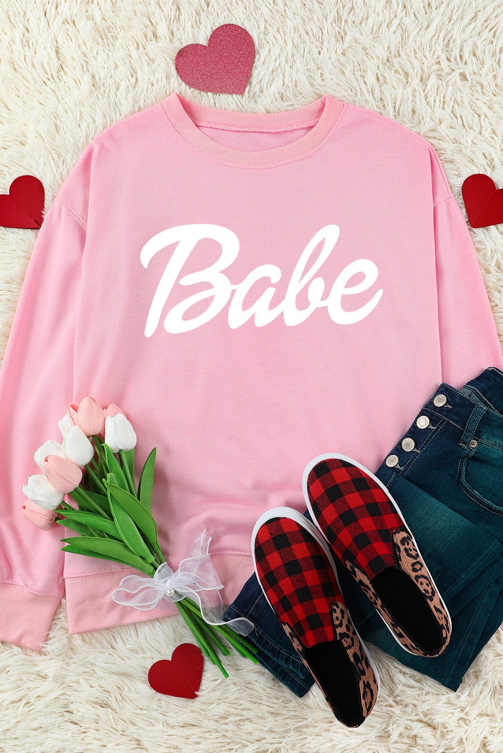 Babe Print Pink Ribbed Knit Trim Sweater from MsDressly