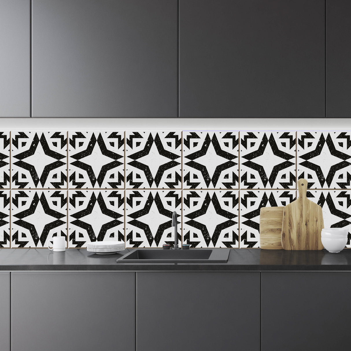 Black Aztec Tile Backsplash from Loomwell Home Goods