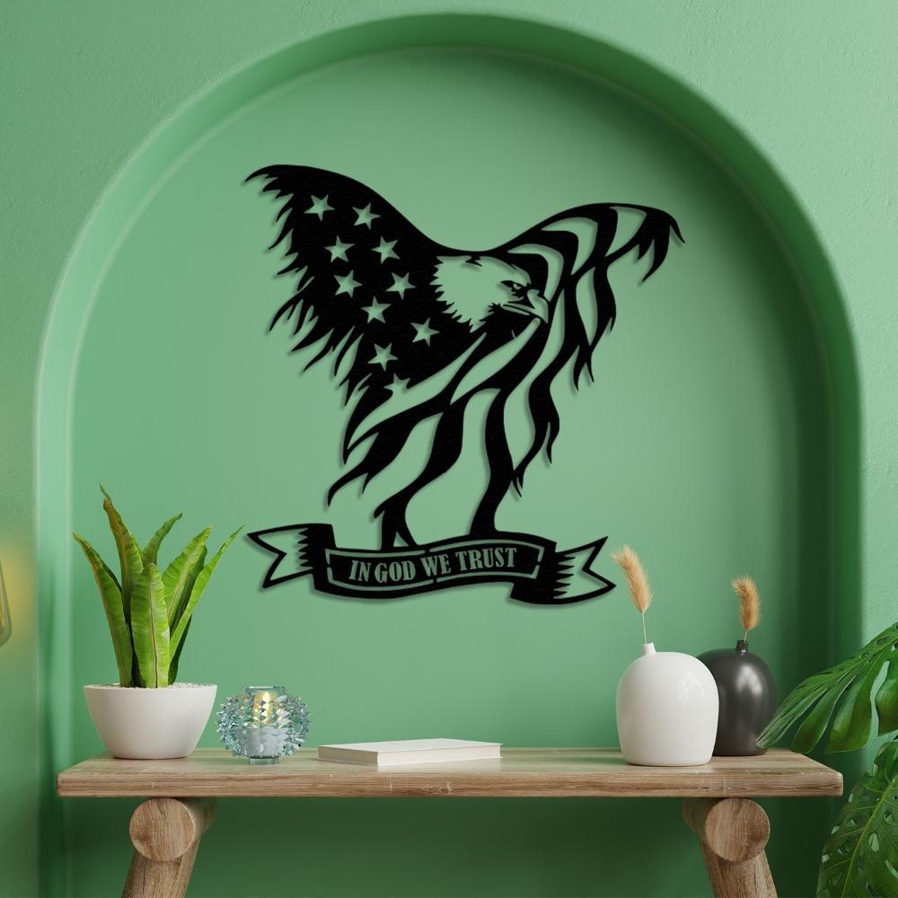 Bald Eagle Metal Wall Art  with Flag Holding In God We Trust from VITAHOME DESIGN LLC