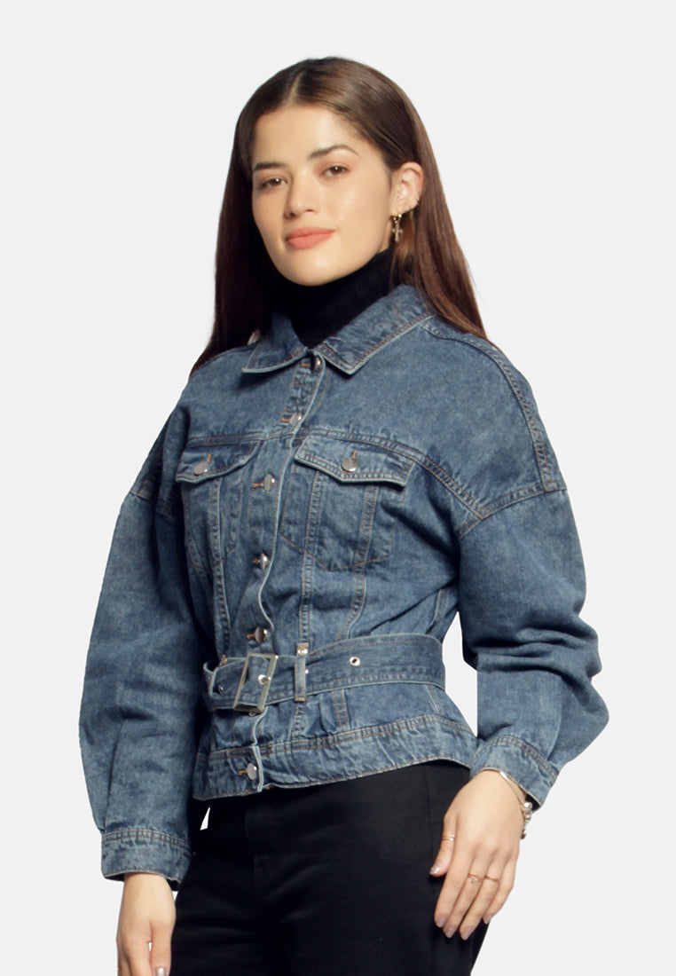 Balloon Sleeve Belted Denim Shacket from London Rag International