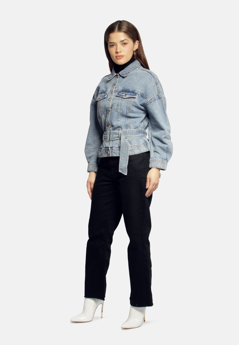 Balloon Sleeve Belted Denim Shacket from London Rag International