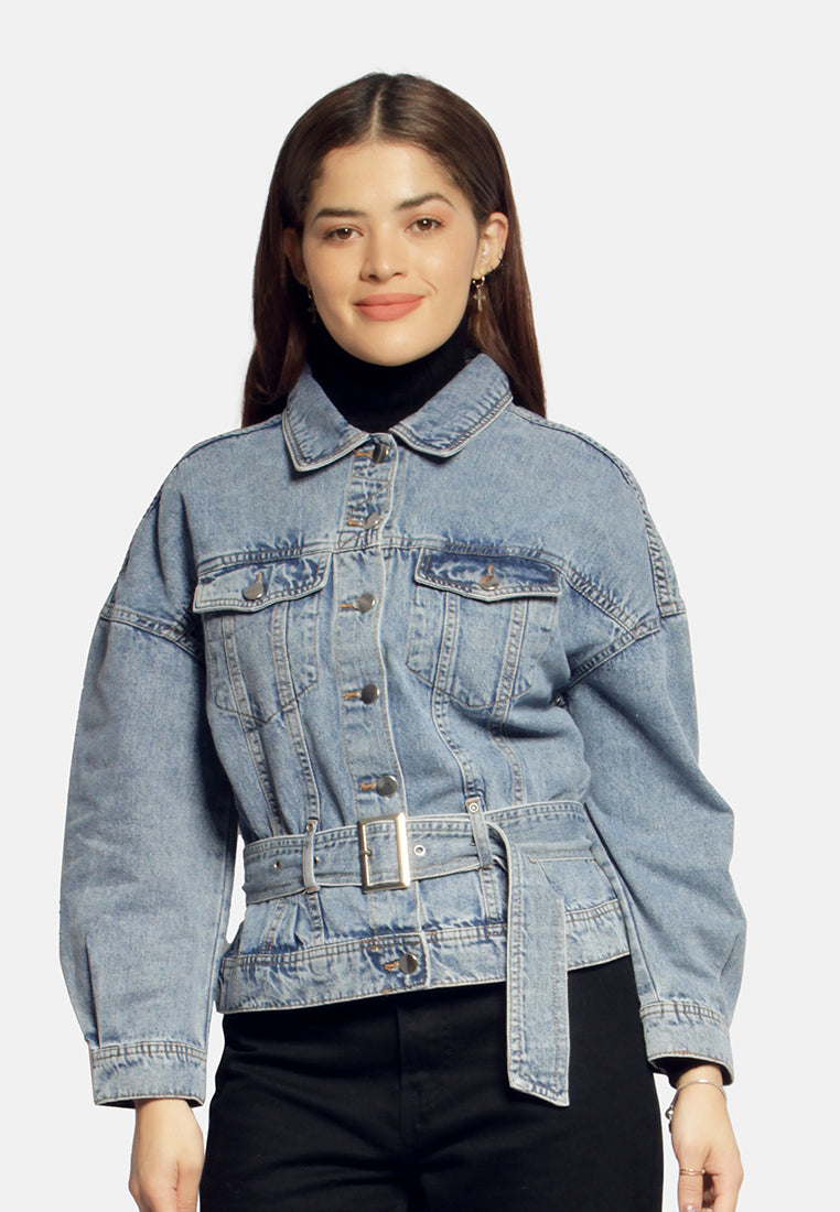Balloon Sleeve Belted Denim Shacket from London Rag International