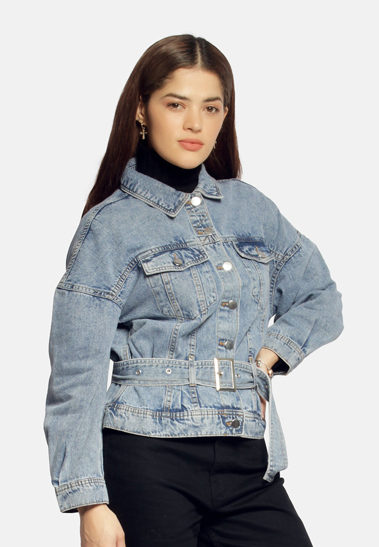 Balloon Sleeve Belted Denim Shacket from London Rag International
