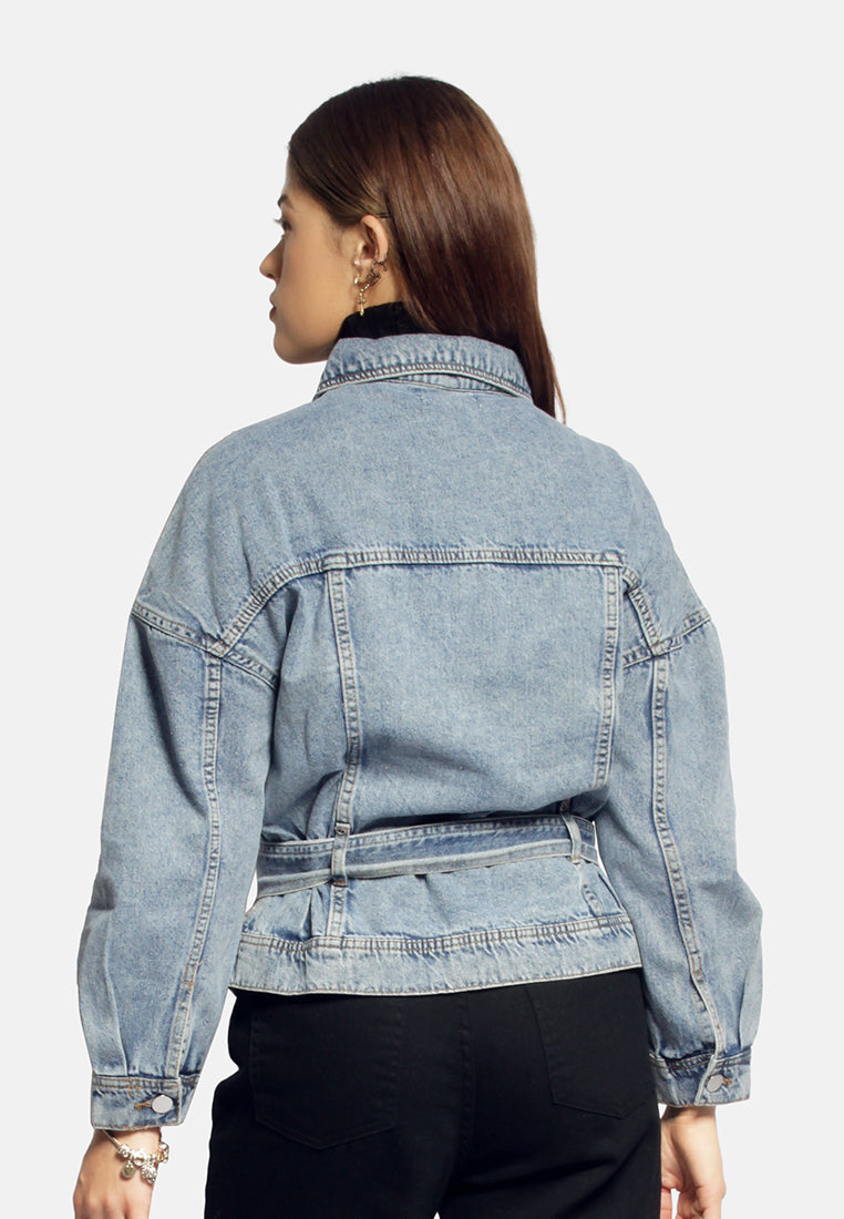 Balloon Sleeve Belted Denim Shacket from London Rag International