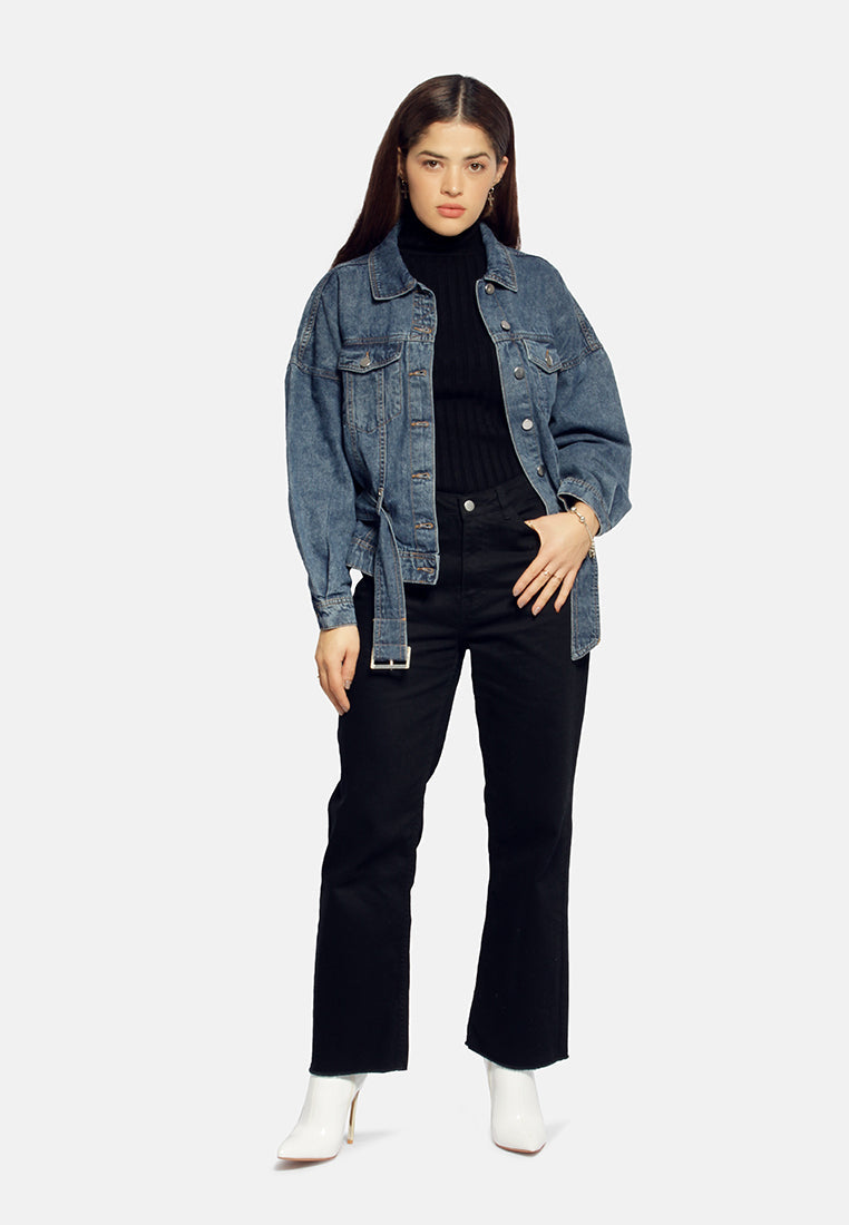 Balloon Sleeve Belted Denim Shacket from London Rag International