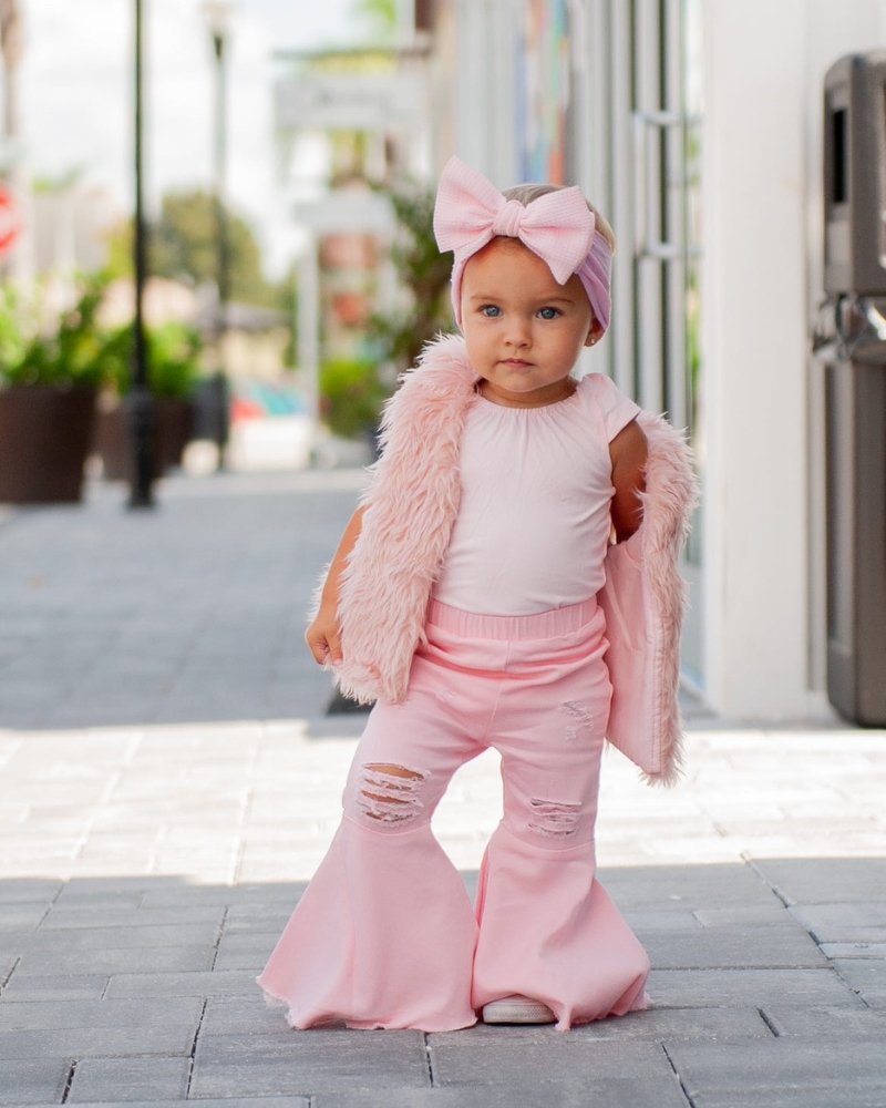 Barbie Pleated Denim Bell Bottoms - PowerPuff Distressed Pink from Bailey's Blossoms