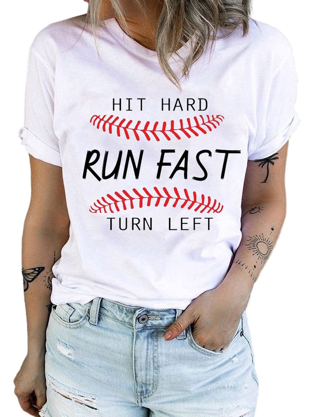 Baseball Print White Tee with "Hit Hard Run Fast Turn Left" Design from MsDressly