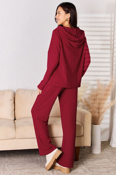 Basic Bae Full Size Ribbed Drawstring Hooded Top and Straight Pants Set from Enfance-Heureuse