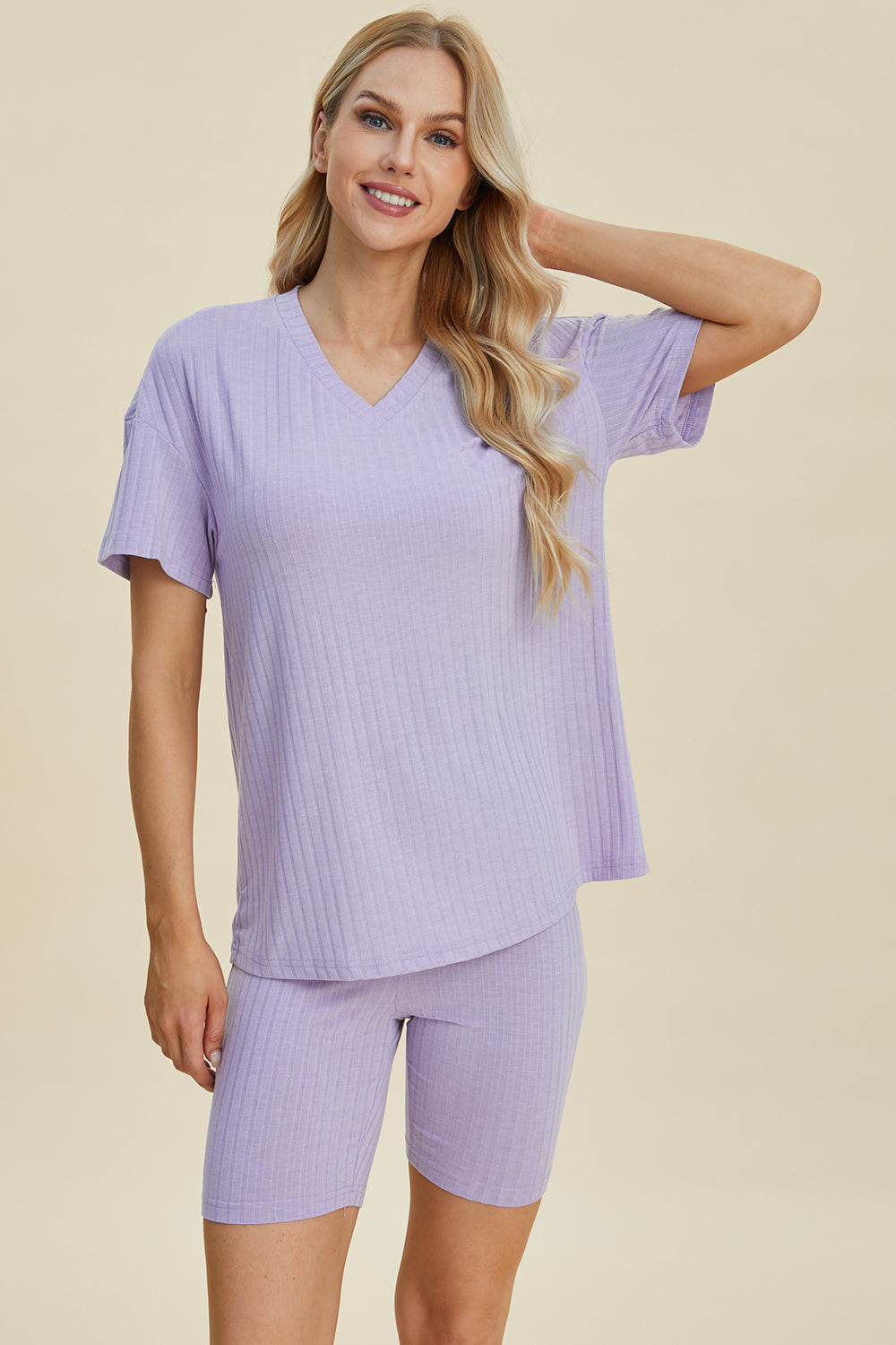 Basic Bae Full Size Ribbed V-Neck Short Sleeve Top and Shorts Set from Enfance-Heureuse