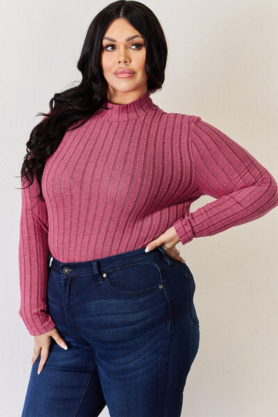 Basic Bae Full Size Ribbed Mock Neck Long Sleeve T-Shirt from Enfance-Heureuse
