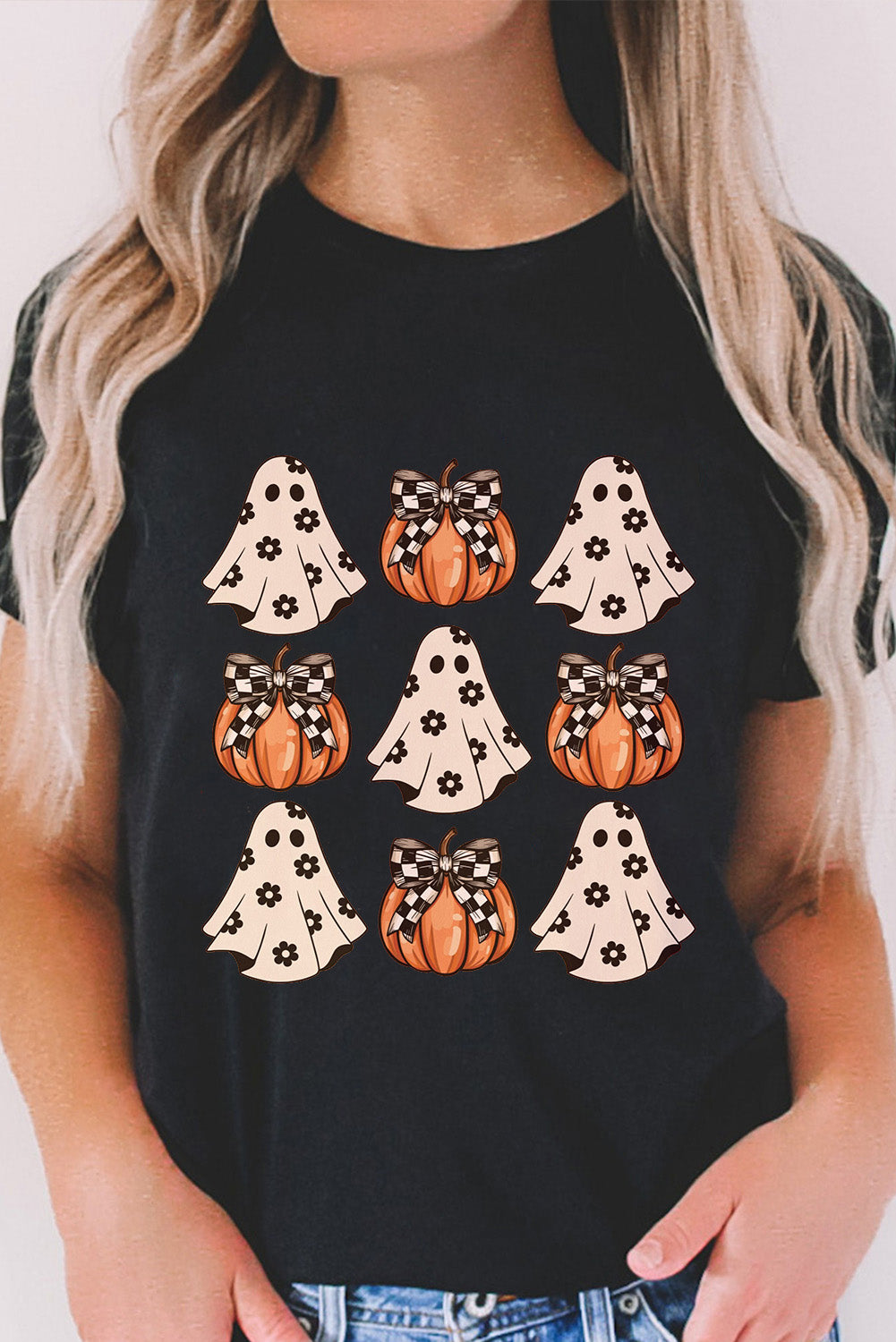 Black Halloween Ghost Pumpkin Print Crew Neck T Shirt from MsDressly