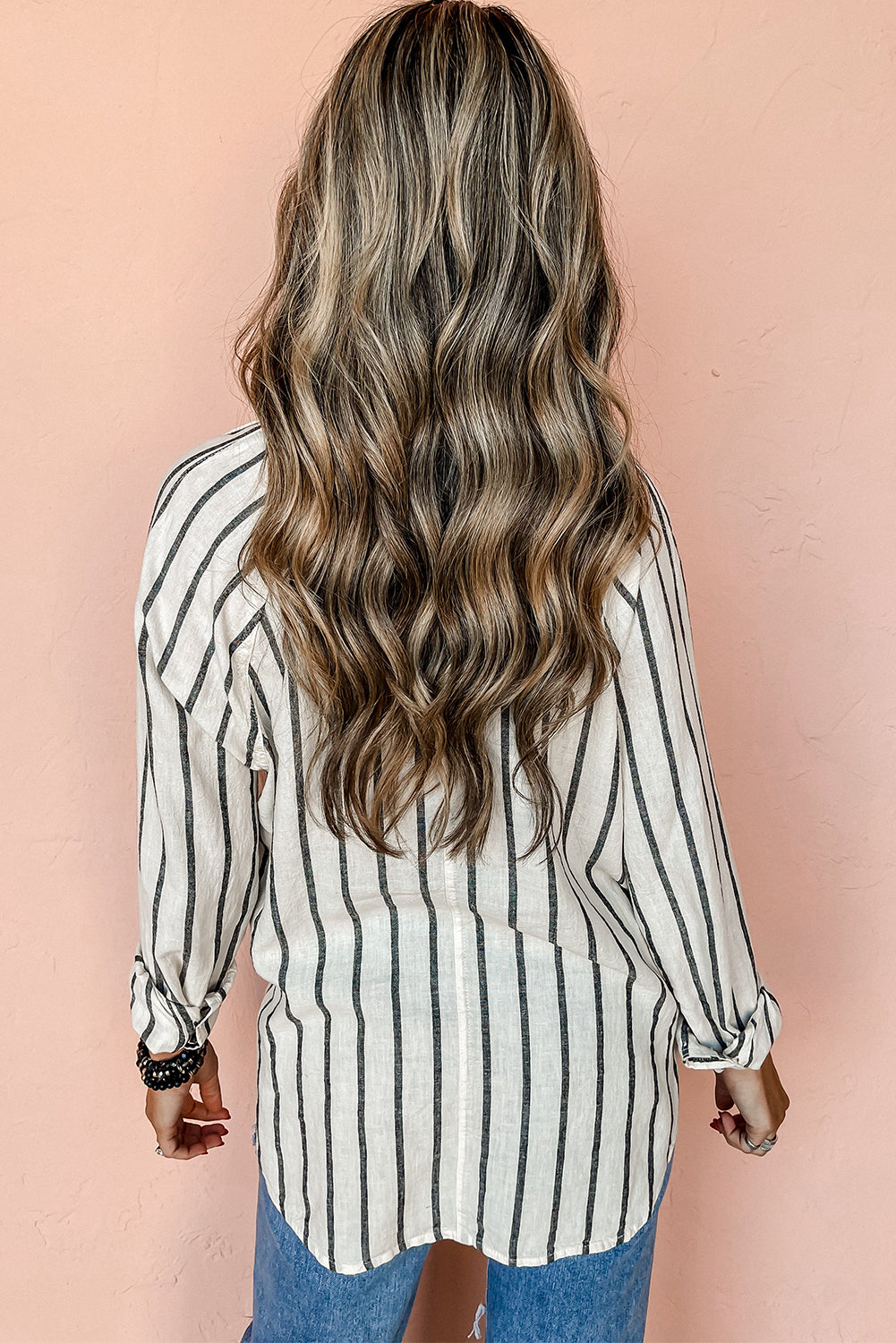 Black Stripe Chest Pocket Buttoned Oversized Shirt from MsDressly