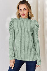 Basic Bae Full Size Ribbed Mock Neck Puff Sleeve T-Shirt from Enfance-Heureuse