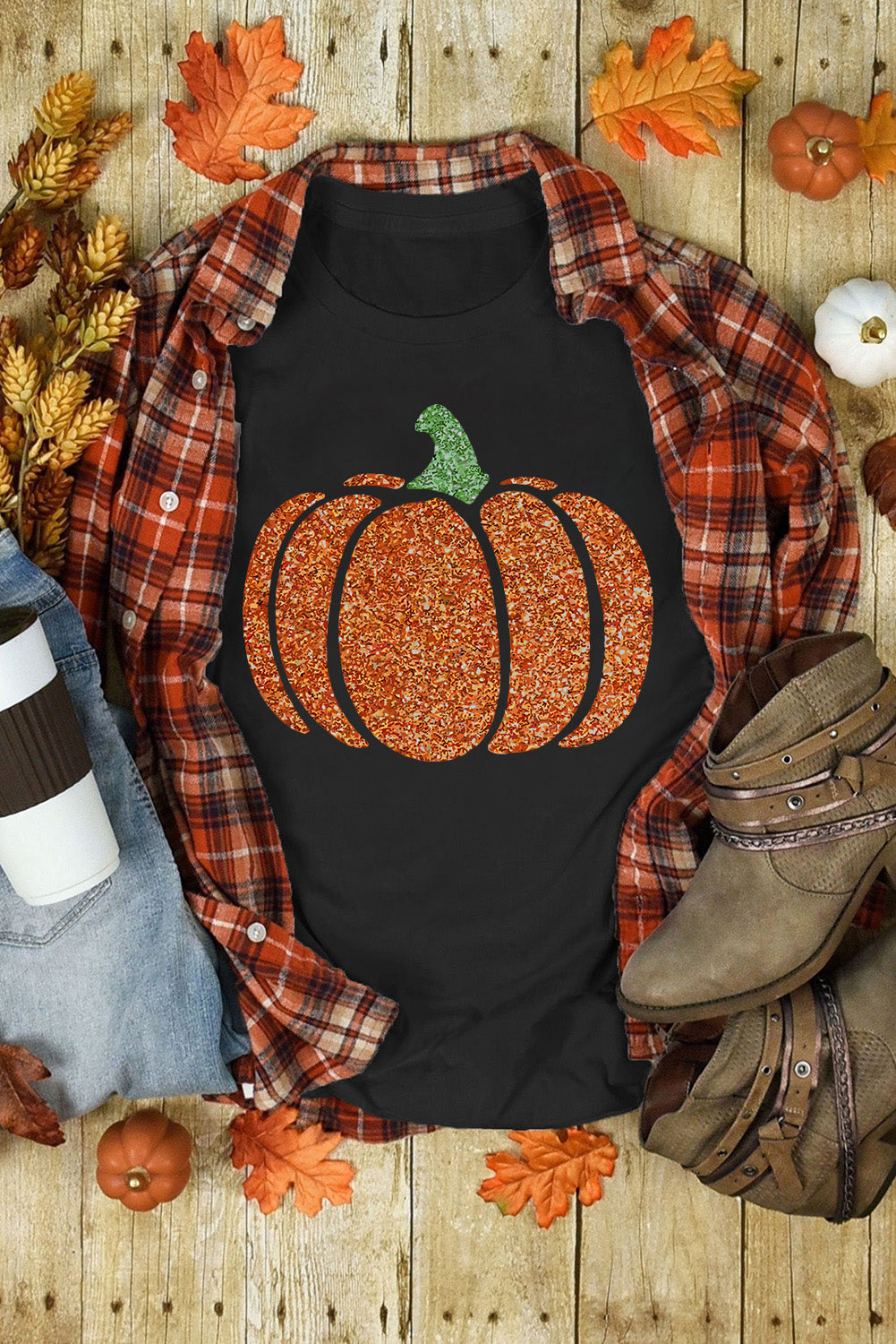 Black Glittering Pumpkin Graphic Halloween T Shirt from MsDressly