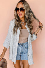 Black Stripe Roll-tab Sleeve Pocketed Long Shirt from MsDressly