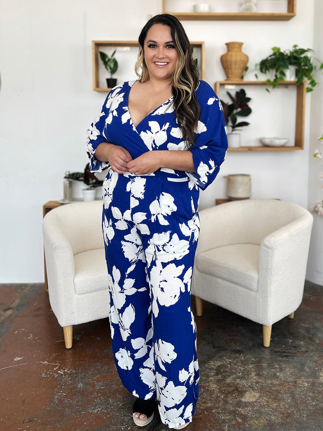 Double Take Full Size Printed Tie Back Wide Leg Jumpsuit from Enfance-Heureuse