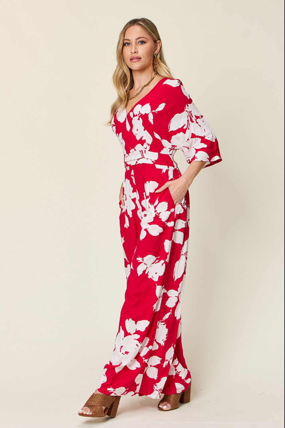 Double Take Full Size Printed Tie Back Wide Leg Jumpsuit from Enfance-Heureuse