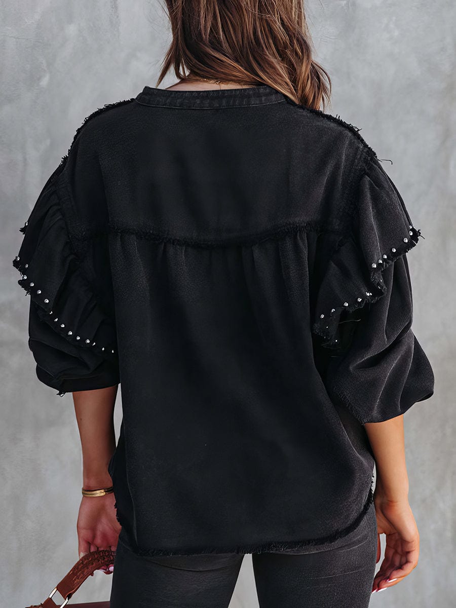 Beaded Button Solid Color Lantern Long Sleeve Coat from MsDressly