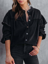 Beaded Button Solid Color Lantern Long Sleeve Coat from MsDressly