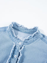 Beau Blue Denim Ruffle Flutter Sleeve Button-Up Top from MsDressly
