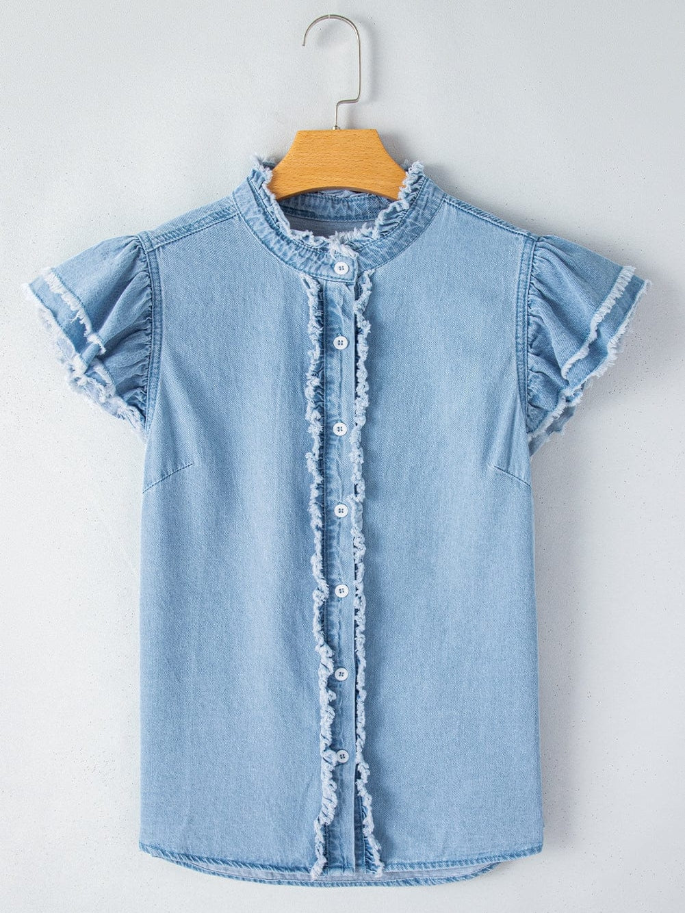 Beau Blue Denim Ruffle Flutter Sleeve Button-Up Top from MsDressly