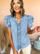 Beau Blue Denim Ruffle Flutter Sleeve Button-Up Top from MsDressly