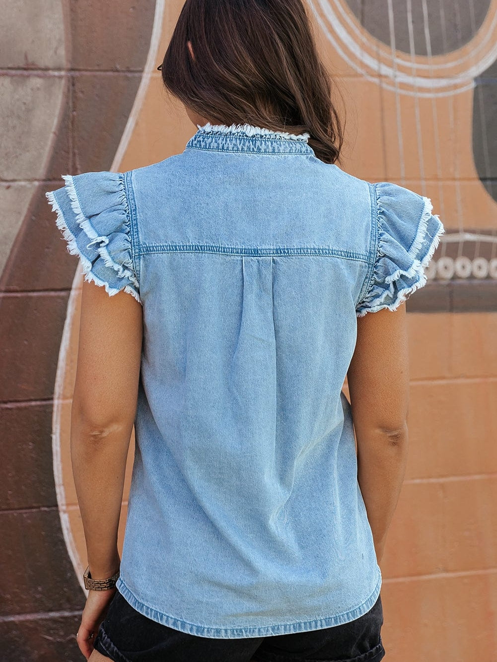 Beau Blue Denim Ruffle Flutter Sleeve Button-Up Top from MsDressly