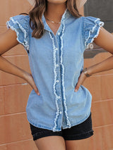 Beau Blue Denim Ruffle Flutter Sleeve Button-Up Top from MsDressly