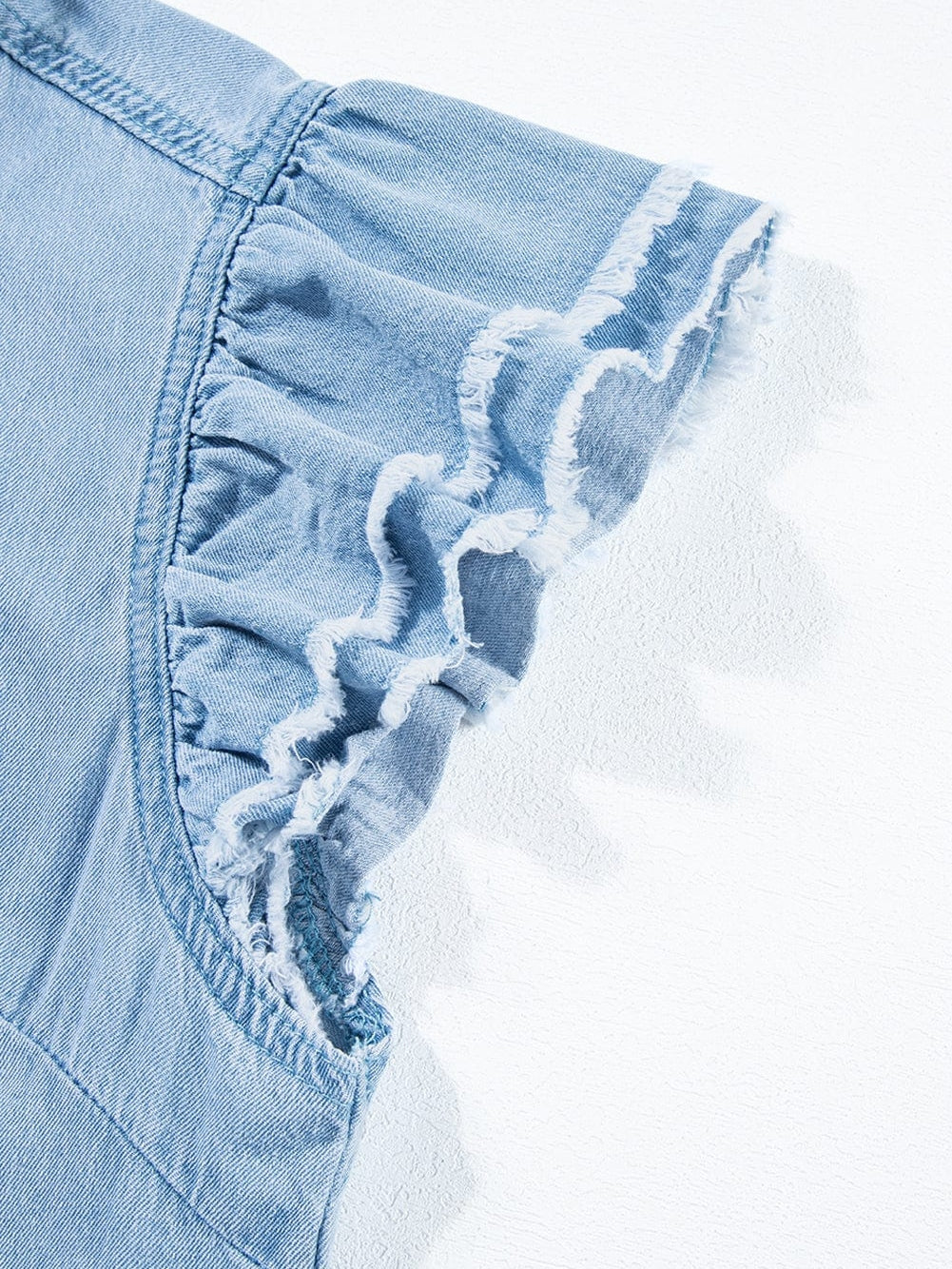 Beau Blue Denim Ruffle Flutter Sleeve Button-Up Top from MsDressly