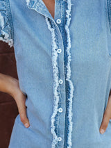 Beau Blue Denim Ruffle Flutter Sleeve Button-Up Top from MsDressly