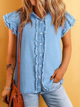 Beau Blue Denim Ruffle Flutter Sleeve Button-Up Top from MsDressly