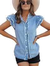 Beau Blue Denim Ruffle Flutter Sleeve Button-Up Top from MsDressly