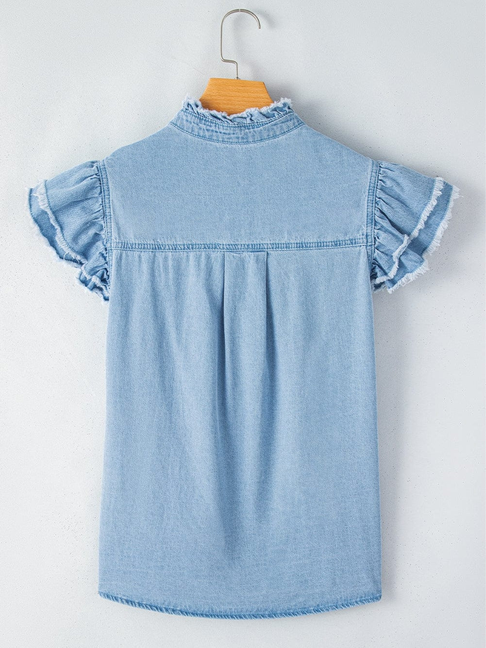 Beau Blue Denim Ruffle Flutter Sleeve Button-Up Top from MsDressly