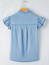 Beau Blue Denim Ruffle Flutter Sleeve Button-Up Top from MsDressly