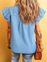 Beau Blue Denim Ruffle Flutter Sleeve Button-Up Top from MsDressly