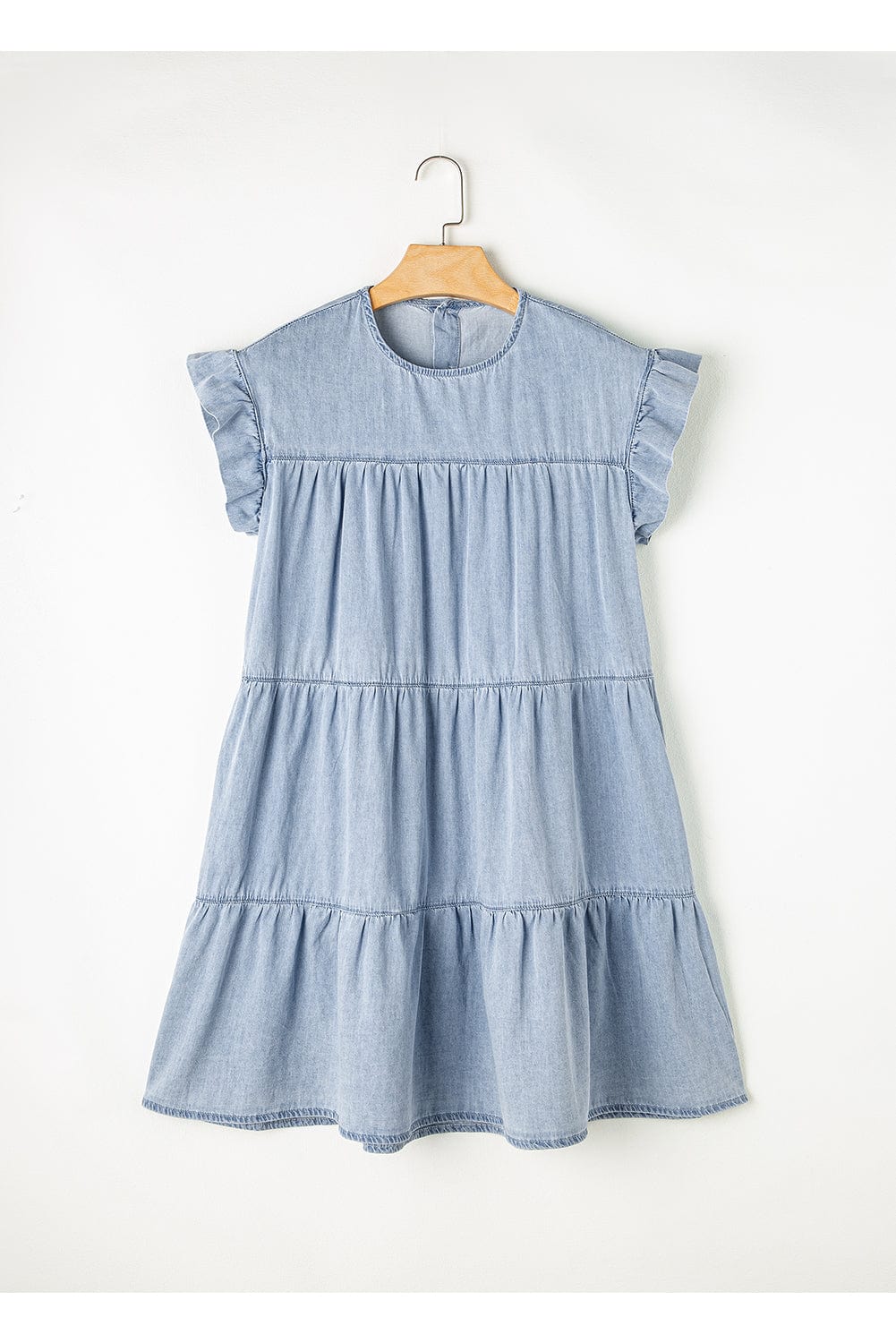Beau Blue Denim Tiered A-line Dress with Ruffle Details from MsDressly