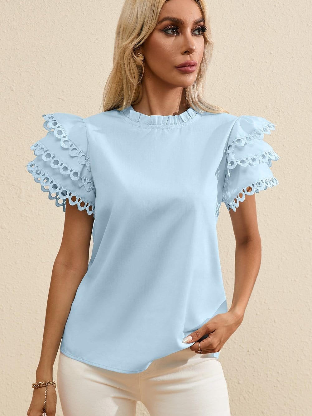 Beau Blue Elegant Cap Sleeve Blouse with Ric Rac Detail from MsDressly