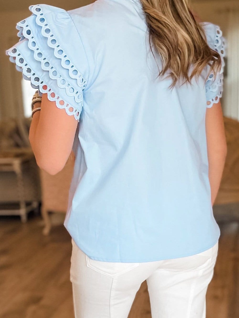 Beau Blue Elegant Cap Sleeve Blouse with Ric Rac Detail from MsDressly