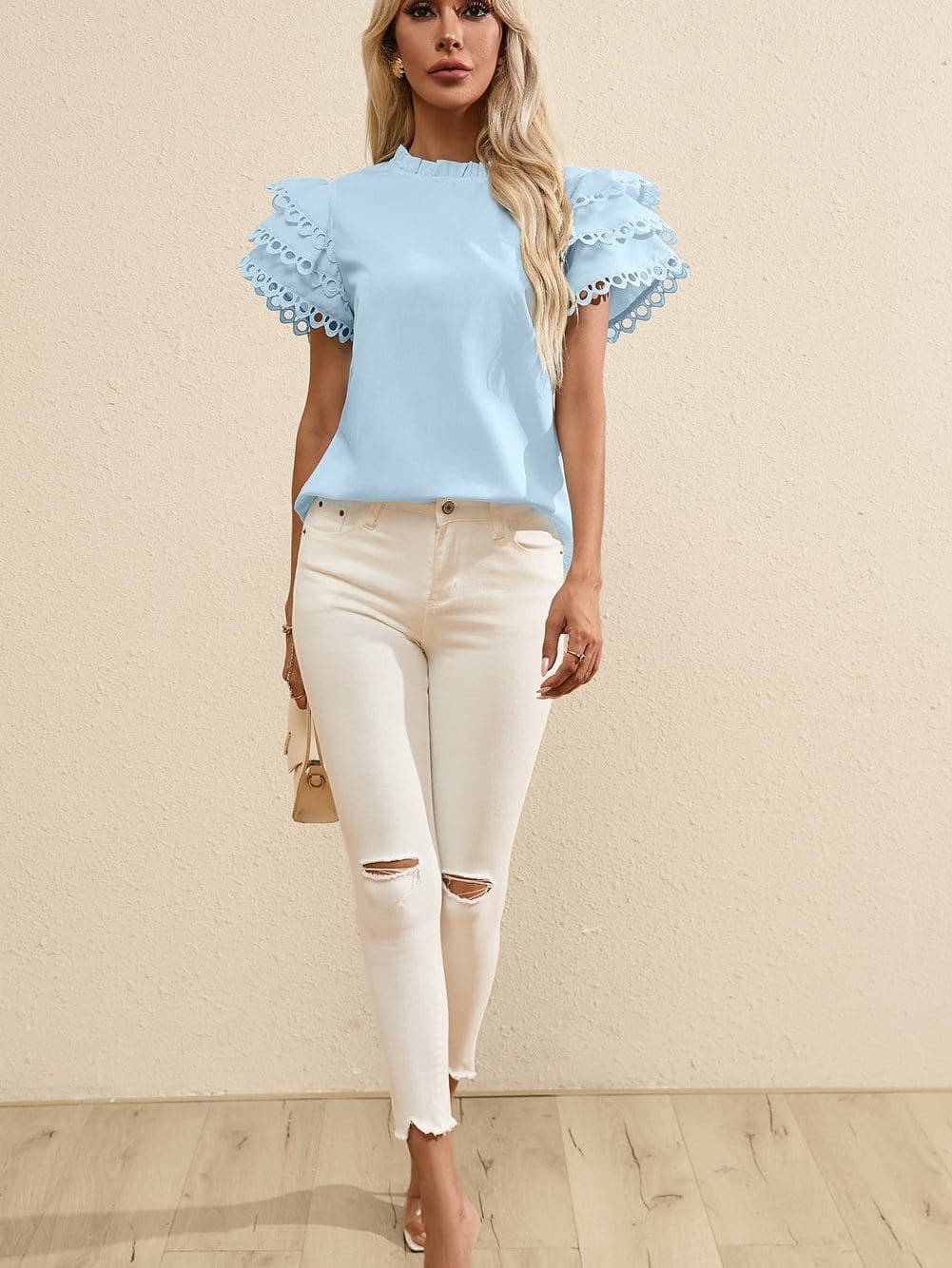Beau Blue Elegant Cap Sleeve Blouse with Ric Rac Detail from MsDressly