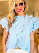 Beau Blue Elegant Cap Sleeve Blouse with Ric Rac Detail from MsDressly