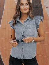 Beau Blue Frayed Ruffle Denim Blouse from MsDressly