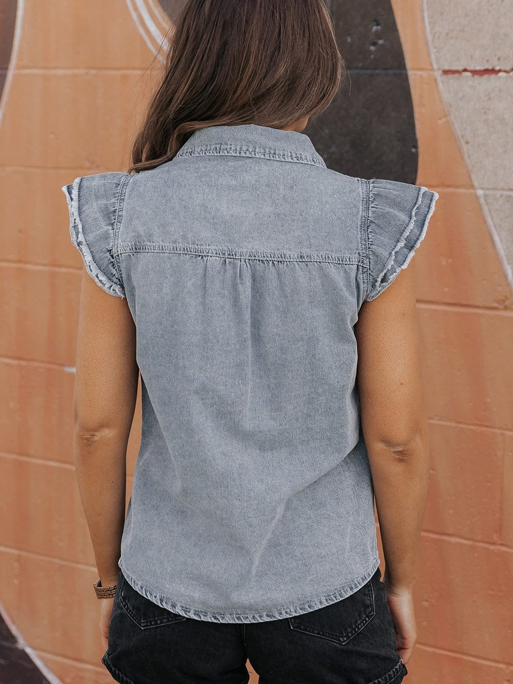 Beau Blue Frayed Ruffle Denim Blouse from MsDressly