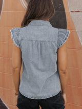 Beau Blue Frayed Ruffle Denim Blouse from MsDressly