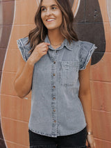 Beau Blue Frayed Ruffle Denim Blouse from MsDressly