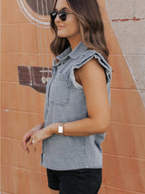 Beau Blue Frayed Ruffle Denim Blouse from MsDressly