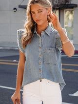 Beau Blue Frayed Ruffle Denim Blouse from MsDressly
