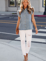 Beau Blue Frayed Ruffle Denim Blouse from MsDressly