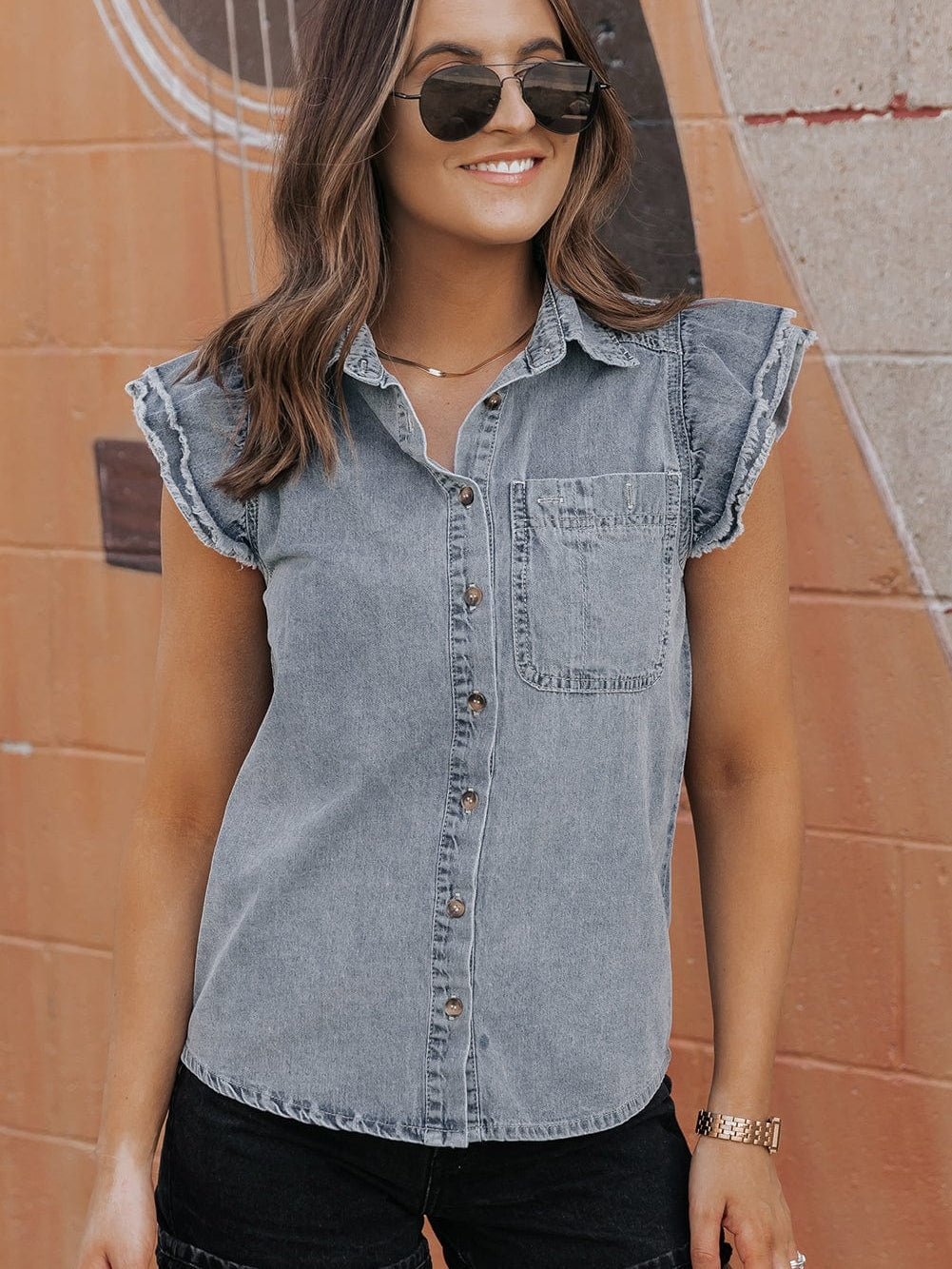 Beau Blue Frayed Ruffle Denim Blouse from MsDressly
