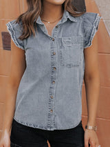 Beau Blue Frayed Ruffle Denim Blouse from MsDressly