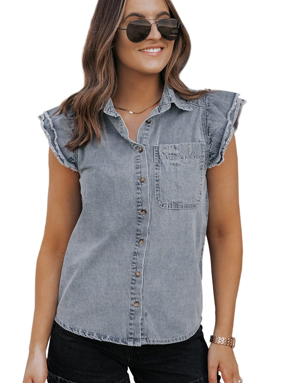 Beau Blue Frayed Ruffle Denim Blouse from MsDressly